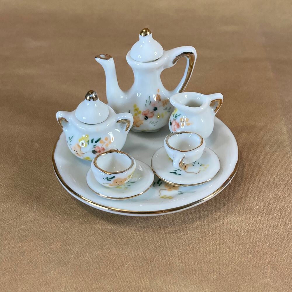 Vintage 90s Miniature Porcelain Tea Set w/Gilding and Floral Trim Doll Set EUC